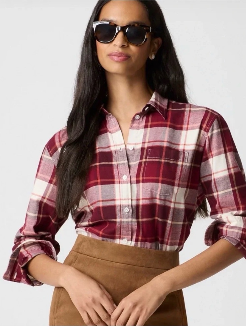 J.Crew Women Flannel Plaid Button Down Shirt Size XL Vintage Burgundy Ivory
